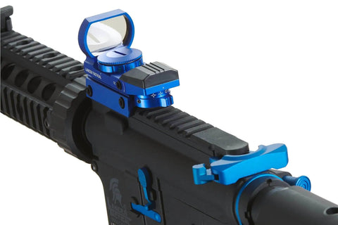 Gen 2 M4 SD Blue Carbine AEG Airsoft Rifle with Red Dot Sight and Picatinny rail, blue accents shown