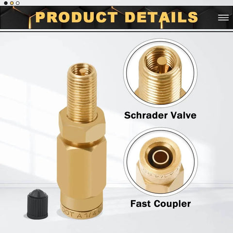 Two Pack Schrader Valve Adapter With Push To Connect Button For One Quarter Inch OD Air Hose Fittings For Semi Trucks And Trailers DOT Certified High Pressure Inflation Valve Up To Two Hundred PSI with cap and close-up of valve and coupler
