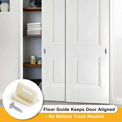 10 Pack Pocket Door Bottom Guides For Carpeted Floors Jamb Mounted 1.125 Inch Universal Fit Angled Design Reduces Friction And Scraping For Smooth Sliding Of Pocket And Sliding Doors shown with doors and guide inset.
