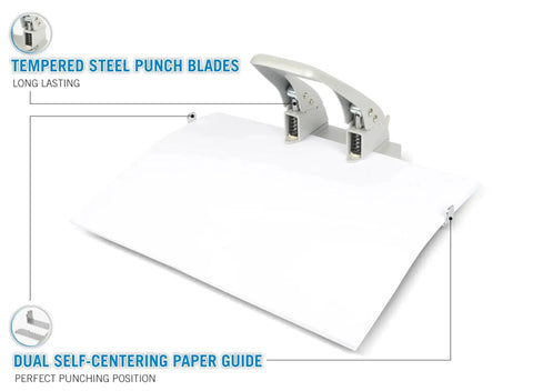 Heavy Duty Office Two Hole Paper Punch, 40 Sheet Capacity, One Quarter Inch Hole Punch, All Steel Hardened Punch Heads