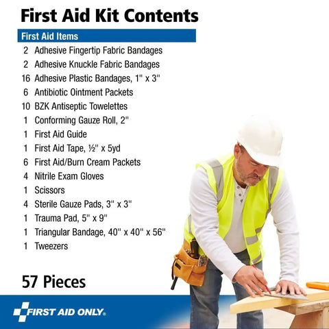 All Purpose 57 Piece Emergency First Aid Kit For 10 People, list of contents next to a worker in safety gear