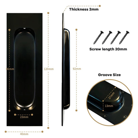 Matte Black Pocket Door Hardware With Recessed Flush Finger Pull, 304 Stainless Steel Sliding Door Handle dimensions, screws shown