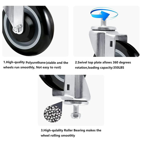 5 Inch Shopping Cart Replacement Casters Set Of Four Polyurethane Stem Wheels For Heavy Duty Load Up To 1400 Lbs Smooth Swivel And Low Marking Durable Construction with close-up details of wheels and bearing features