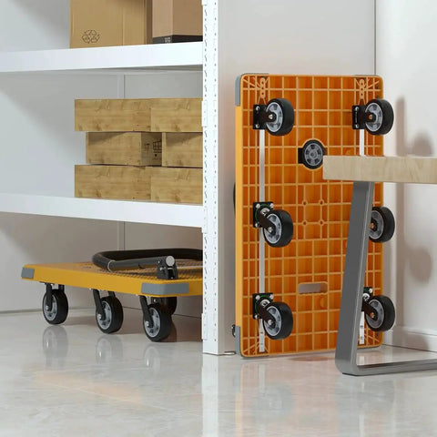 Heavy Duty Folding Platform Cart With 1764 Pound Capacity And Reinforced Thickened Base, shown folded against a wall