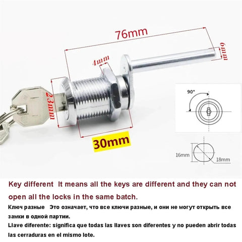 Diagram showing chrome drawer cabinet lock with 30mm diameter for office furniture, including measurements and flat key design.