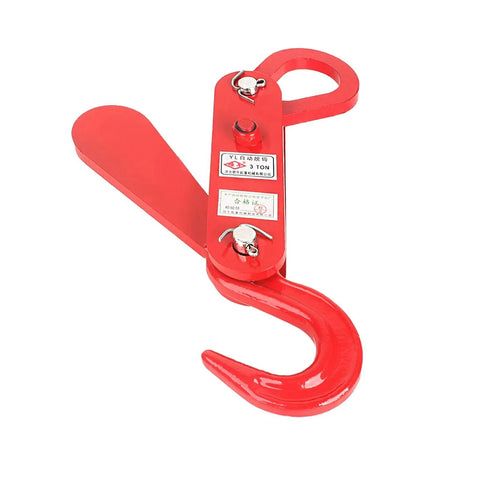 Red 3 Ton Automatic Decoupling Lifting Hook For Forklifts, thickened alloy steel, self dumping lifting tool for heavy loads, side view.