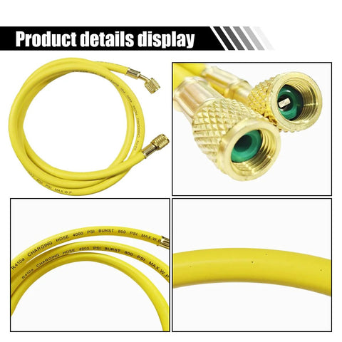 AC refrigerant charging hose, 60in yellow hose with 1/4 in SAE flare fittings, 800 psi max for R134A/R410A/R22.