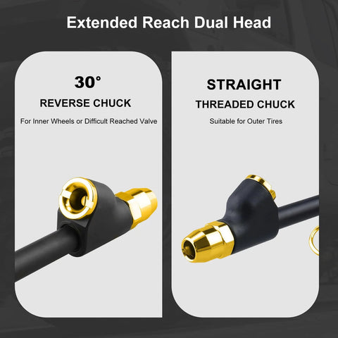 Dual-head tire pressure gauge with extended reach; black body, gold fittings, 30° reverse chuck and straight chuck.
