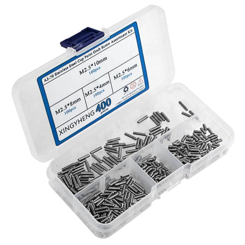 Huge 400 Piece M2.5 By Four, Six, Eight And Ten Millimeter A2-70 Stainless Steel Cup Point Grub Screws Set With Allen Head Hex Socket Assortment Kit DIN916 GB80 For DIY Projects in open plastic case