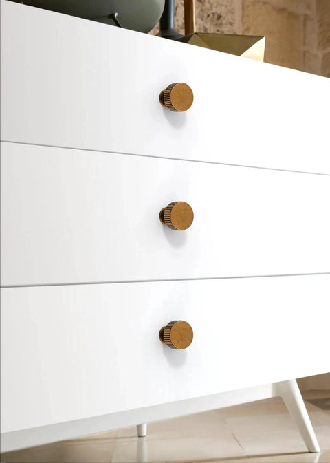 Antique Brass Cabinet Knobs 10 Pack 28mm Round Single Hole Drawer Pulls for Kitchen Cabinets and Furniture shown on white dresser
