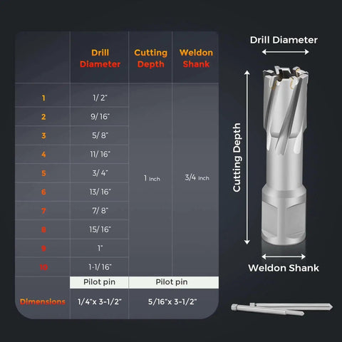 Annular Cutter Set Twelve Piece Carbide Tips Mag Drill Bits Kit With Three Quarters Inch Weldon Shank And Two Pilot Pins