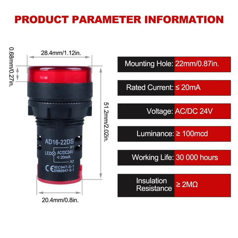 Product parameters of LED indicator light, 22mm panel mount, 24V AC/DC, 20mA, ultra bright red, industrial use
