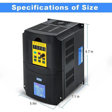 Beefy Workhorse 4KW 5HP 220V Variable Frequency Drive dimensions and front panel view with control display and specifications