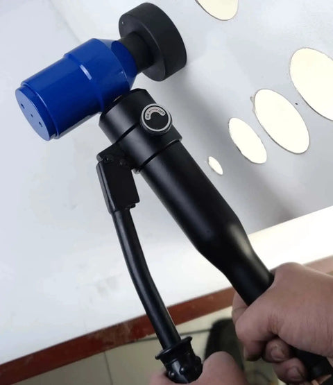 Pro Grade Heavy Duty Knockout Hole Punch Driver Kit With Six Dies, 360 Degree Rotating Electrical Conduit Hole Cutter in use on metal sheet.