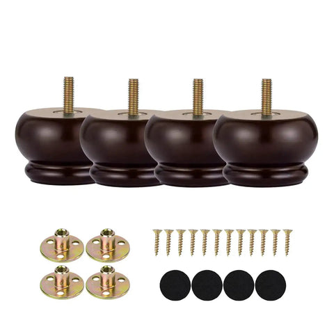 2 Inch Wood Furniture Feet Set Of 4 Replacement Bun Feet With Predrilled M8 Bolts, espresso finish, with screws and nuts