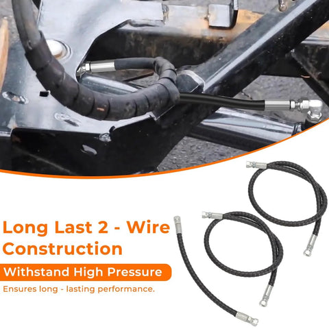 Snow plow hydraulic hose set, heavy-duty black braided hoses with silver fittings, 1/4x42 and 1/4x16, mounted on frame