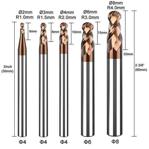 Ball Nose Carbide End Mills Set For CNC Router Bits, 5pcs 1 To 4mm With 2 Flute Spiral Design, HRC55 AlTiN Coated For Tough Wear