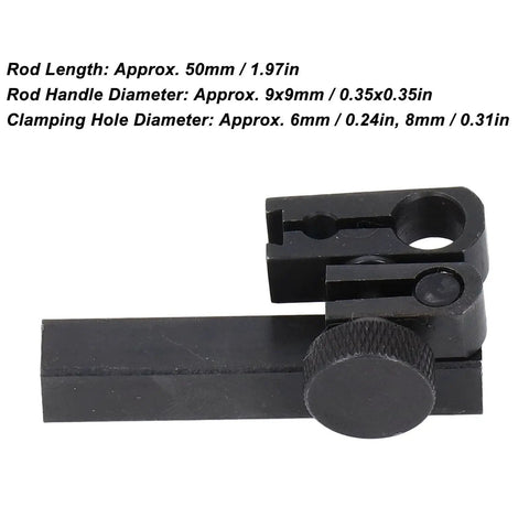 Dial test indicator height holder bar with sleeve swivel clamp, black metal, 9x9mm cross-section, 50mm length
