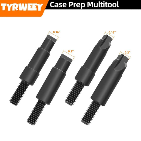 Case Prep Multitool For Reloading TYRWEEY Case Chamfer Deburring Tools with measurements and black components on white background.