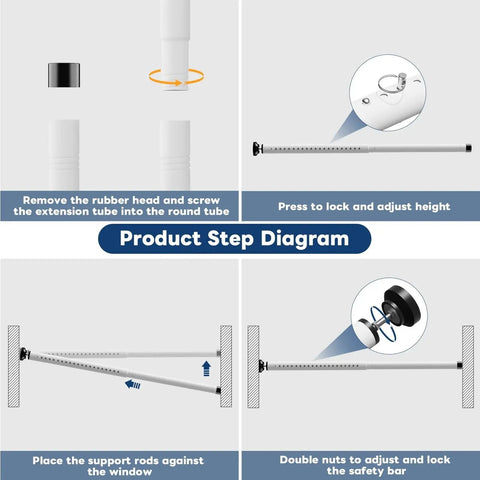 Step-by-step installation diagram of Heavy Duty Sliding Door Security Bar 17 To 50 Inch Adjustable With Rubber Tips For Windows, Home, Apartment And Travel Use, Built From Solid Steel Tube For Maximum Security, White Finish