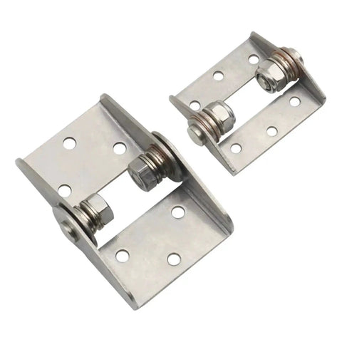 Angled view of two stainless steel high-torque damping hinge brackets with bolts for cabinet doors