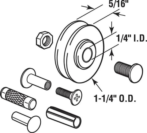 Diagram showing components of 1-1/4 Inch Nylon Ball Bearing Sliding Door Roller Set Two Pack Includes Two Steel Ball Bearing Wheels Axle Pins Roll Pins For Replacing Worn 1-1/4 Inch Rollers Ideal For Closet Doors Wardrobes And Sliding Doors Replacement