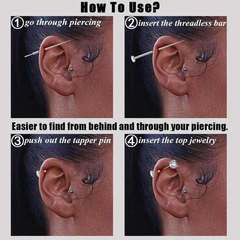 How to use Titanium Piercing Kit 14G 16G 18G 20G ASTM F136 Hypoallergenic Threadless Push In Taper for ear piercings.