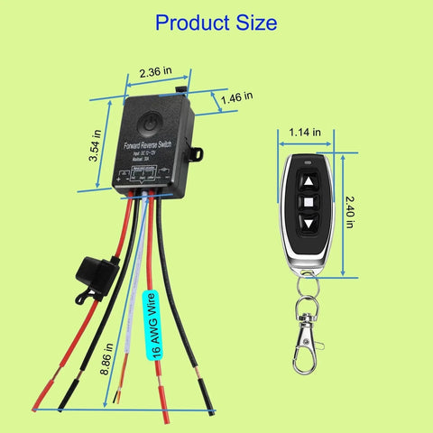 Waterproof Wireless Remote Control Switch For Linear Actuators And Winches Gmefu, dimensions and wire details shown.