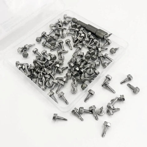 QSJ 120pcs #8 x 1/2 in sheet metal screws with hex washer heads, 410 stainless, silver, in tray with screwdriver bit