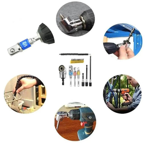 Flexible Drill Bit Extension Kit With 105 Degree Right Angle and Bendable Extension, showing adapters and screwdriver bit set