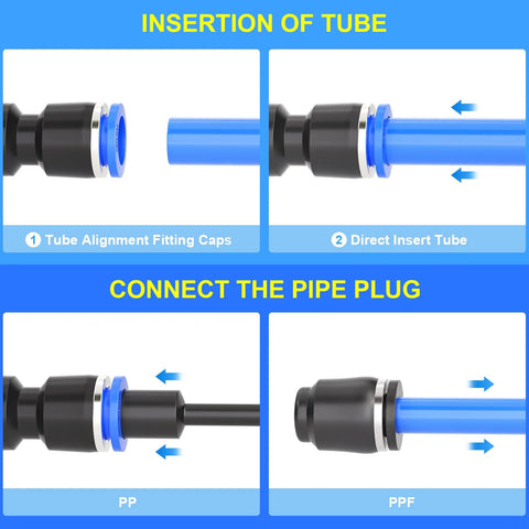 Push-to-connect pneumatic fittings kit with blue tubes; diagram showing tube insertion and plug connections (PP/PPF)
