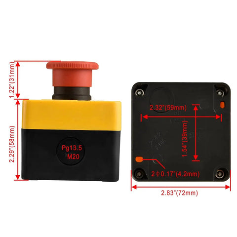 Industrial Red Mushroom Emergency Stop Switch Station 1NO 1NC DPST with dimensions and waterproof box for CNC lathe