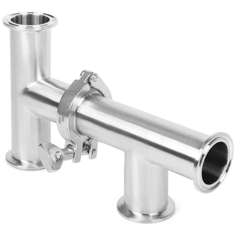 Stainless steel 1.5in tri-clamp 3-way sanitary tee fitting, 304 polished, 38mm tube OD with clamp angled view