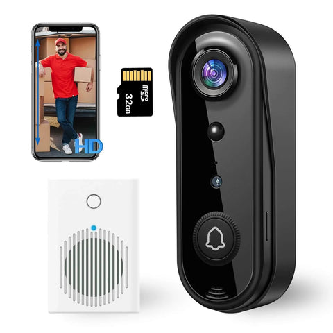 2K Video Doorbell With Full Body View And AI Detection, night vision feature shown with smartphone, chime, and SD card.