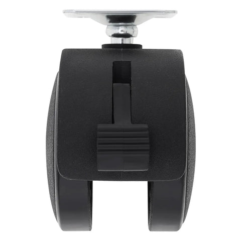 Front view of 2 inch caster wheels with brakes, featuring swivel nylon plate, part of set of 4 for rolling carts, chairs, and tables.