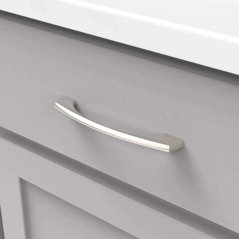 Solid Core Stainless Steel Cabinet Pulls, 5-1/16 Inch Hole Center, 128mm, installed on a gray kitchen drawer, Greenwich Collection