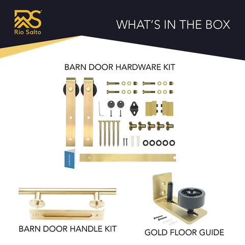 Light Gold Barn Door Hardware Kit 5ft Adjustable Sliding System With 12 Inch Handle And Floor Guide, Dope Brushed Brass Finish Hardware Only For Bathrooms Closets Room Dividers And Office, Easy Mount contents