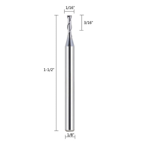 Five Pack 2 Flute Flat Nose Carbide End Mills Kit Pro Grade by SpeTool, showing single mill with 1/16 inch diameter and 1/8 inch shank.