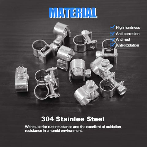 Stainless steel mini fuel injection hose clamps, 12-pack, adjustable 8–10mm, automotive hose clips