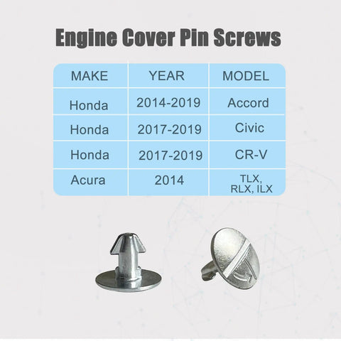 Lower Engine Cover Pin Screws And Bolts Kit Must Have For Honda Accord Civic CR V And Acura Splash Shield And Radiator Support Hardware 90674 TY2 A01 90105 TBA A00 Replacement OEM Style showing two metal pins and compatibility chart.