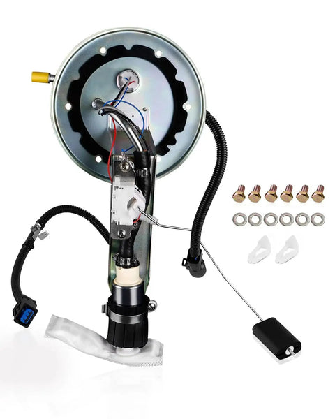 Electric Fuel Pump Assembly For 2003 To 2010 Ford Crown Victoria Lincoln Town Car Mercury Grand Marquis 4.6L V8 And 2003 To 2004 Marauder 4.6L V8 Replaces SP2336H E2336S EB336S OE Numbers 4W1Z9H307AA 3W1Z9H307AB Plug And Play Fit V8 Sedans showing full assembly and installation accessories.