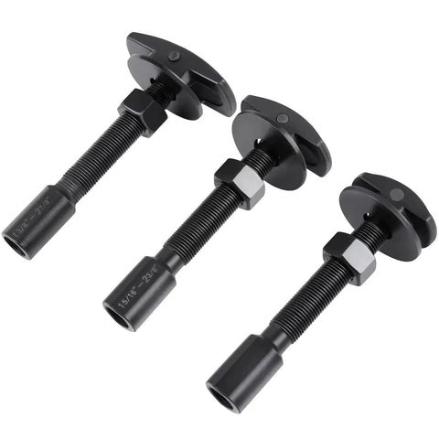 Three rear axle bearing puller tools in kit with three sizes for small to large bearings, compatible with plug and play slide hammer.