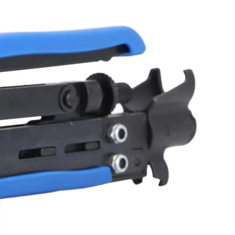 Close-up of Heavy Duty Coaxial Cable Crimping Pliers Workhorse Set with adjustable F connector and anti-slip handles.