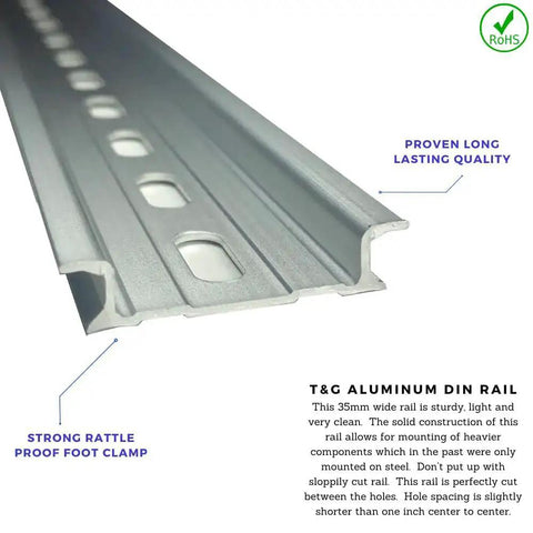 Close-up view of Heavy Duty DIN Rail Slotted Aluminum 35mm Wide 7.5mm High Two Inch Length Five Piece Set For Industrial Mounting RoHS Compliant