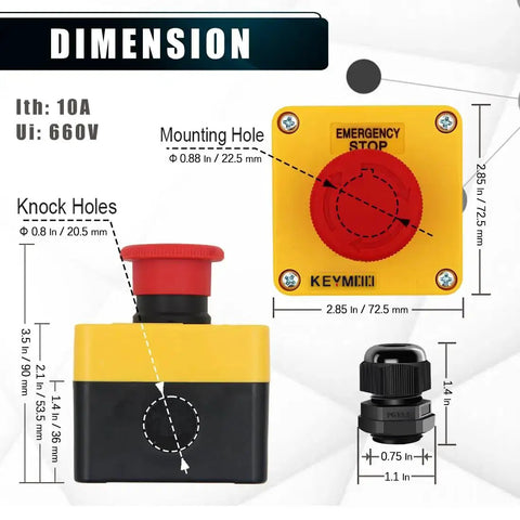 Emergency Stop Push Button Switch 1NC 10A 660V With IP65 Box dimensions and components close-up