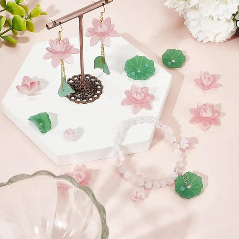 Dope Lotus Acrylic Beads Set, 24 Pieces In 7 Styles, 10-30mm Mini Flower And Leaf Beads For Bracelets And Necklaces