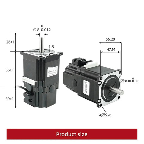 Two NEMA23 2-phase stepper motors with visible shafts, black housings and 56mm frame dimension callouts.