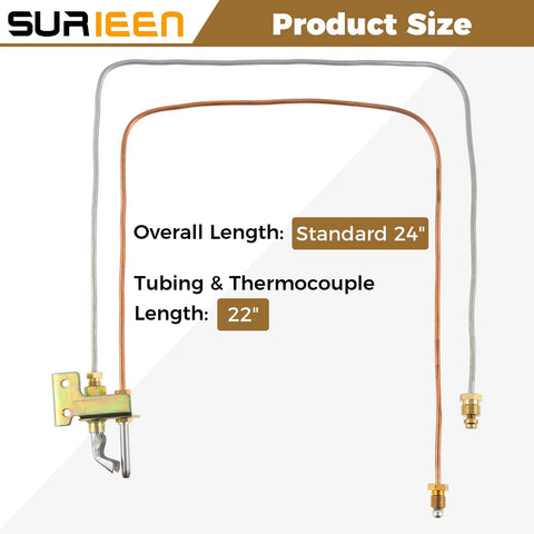 Water heater pilot assembly for LP propane with copper tubing and gas valve; 24 in overall length, 22 in tubing/thermocouple.
