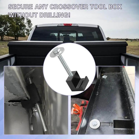 Built Tough Aluminum Mounting Clamps For Pickup Truck Tool Box Set With J Hook Crossover Mounts installed on truck bed