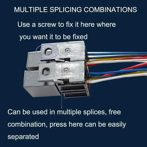 Close-up of 12V 30A 5 Pin SPST Automotive Relay With Harness Kit, showing multiple splicing combinations and wire connections.